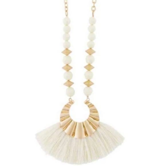 Mud Pie Jewelry - Mudpie Cream Beaded Tassel Statement Necklace with Gold-Tone Accents